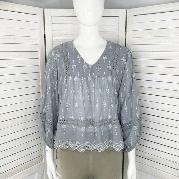 American Eagle Eyelet Embroidered Peasant Blouse Blue White XS Cropped - Picture 2 of 14